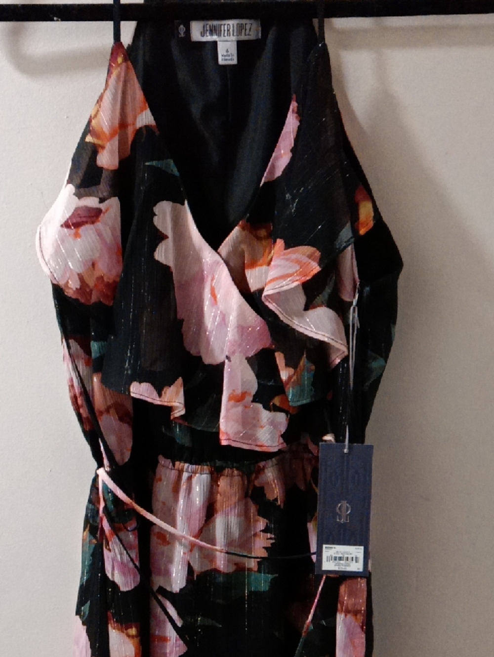 Jennifer Lopez Black Floral Ruffle Wrap Dress with Pink and Green Accents